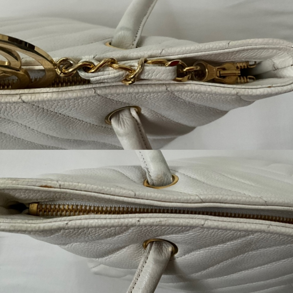 CHANEL Vintage Caviar Chevron V Stitch Shoulder Bag Tote White - Picture 8 of 16